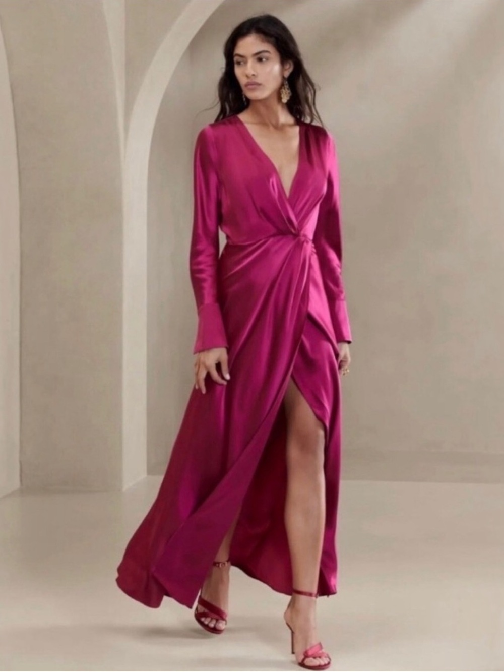 Banana Republic Etude Silk Maxi Dress 0P Bright Berry Pink Wedding Guest Gown